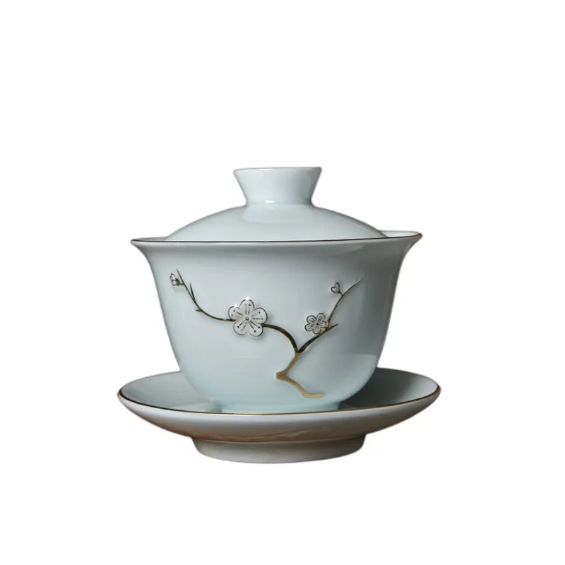 Gaiwan Cinese Sancai In Porcellana - Set Da Tè Con Tazza, Piattino E Coperchio | Fili Oro | Capacità 150 Ml - 2