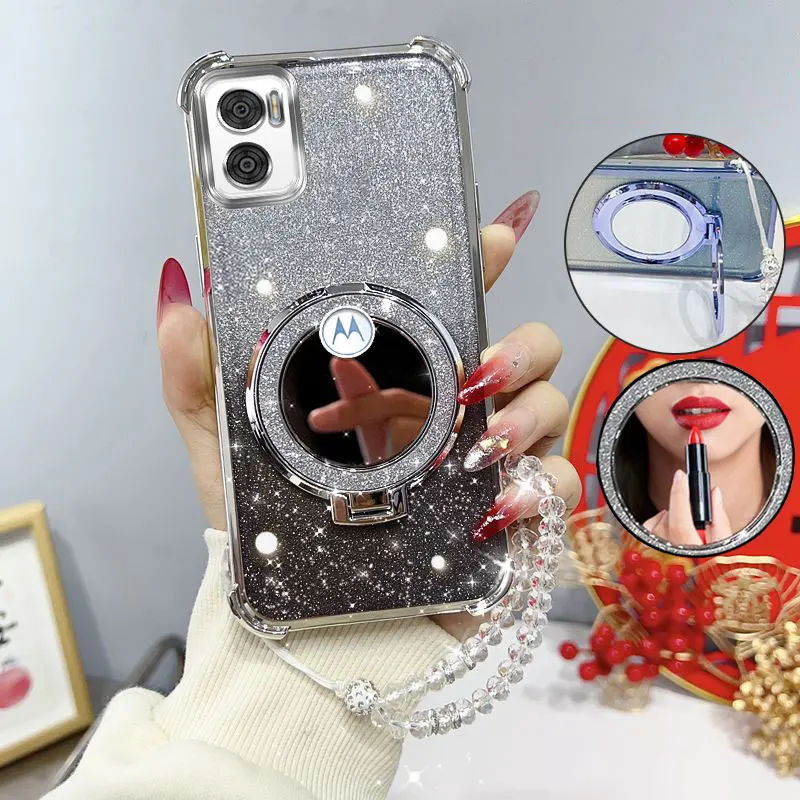 Glitter Shockproof Phone Case with Mirror Stand and Beaded Strap