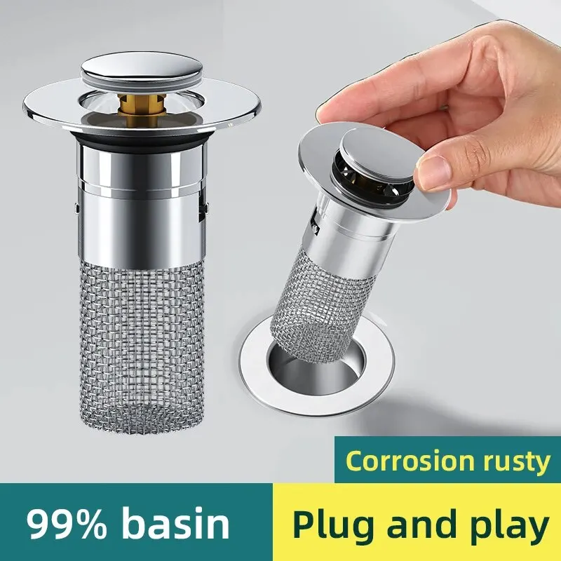 1PCS Washbasin Leak Plug, Stainless Steel Odor Proof Bouncing Core, Press Type Sink Drain, Universal Accessory for Washbasin 1