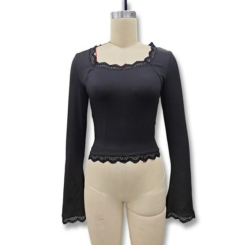 Women's Casual Solid Color Slim Fit Long Sleeve T-Shirt Lace Patchwork Slightly Flared U-Neck Crop Top Sreetwear Spring/Fall