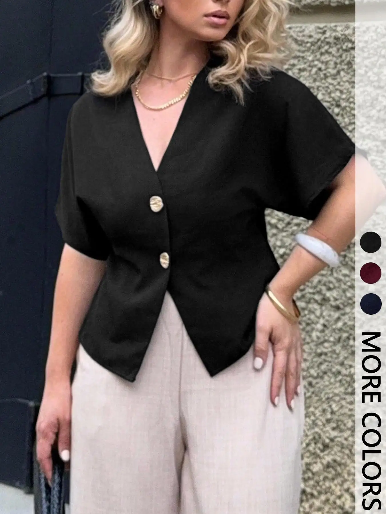 Women's Solid Color V-Neck Trim Shirt Short Sleeve with Golden Button Details Loose Fit Single Piece 6