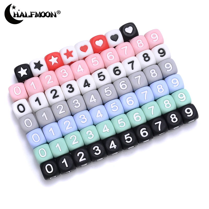 

12mm 50Pcs Star&Heart Arabic Numerals Silicone Beads Food Grade Teether Square Shape Silicone Baby Teething Oral Care Jewelry