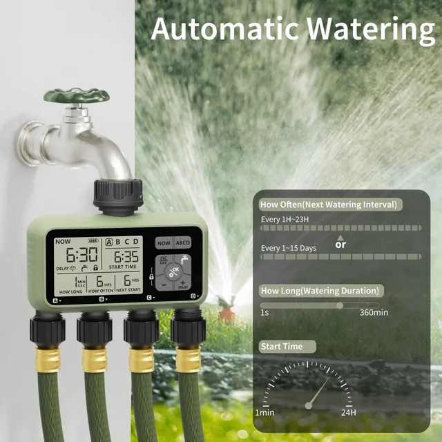 Diivoo مؤقت مياه 4 منطقة حديقة مؤقت الري التلقائي القابل للبرمجة مع دليل تأخير المطر/وضع تلقائي سقي لساحة الحديقة