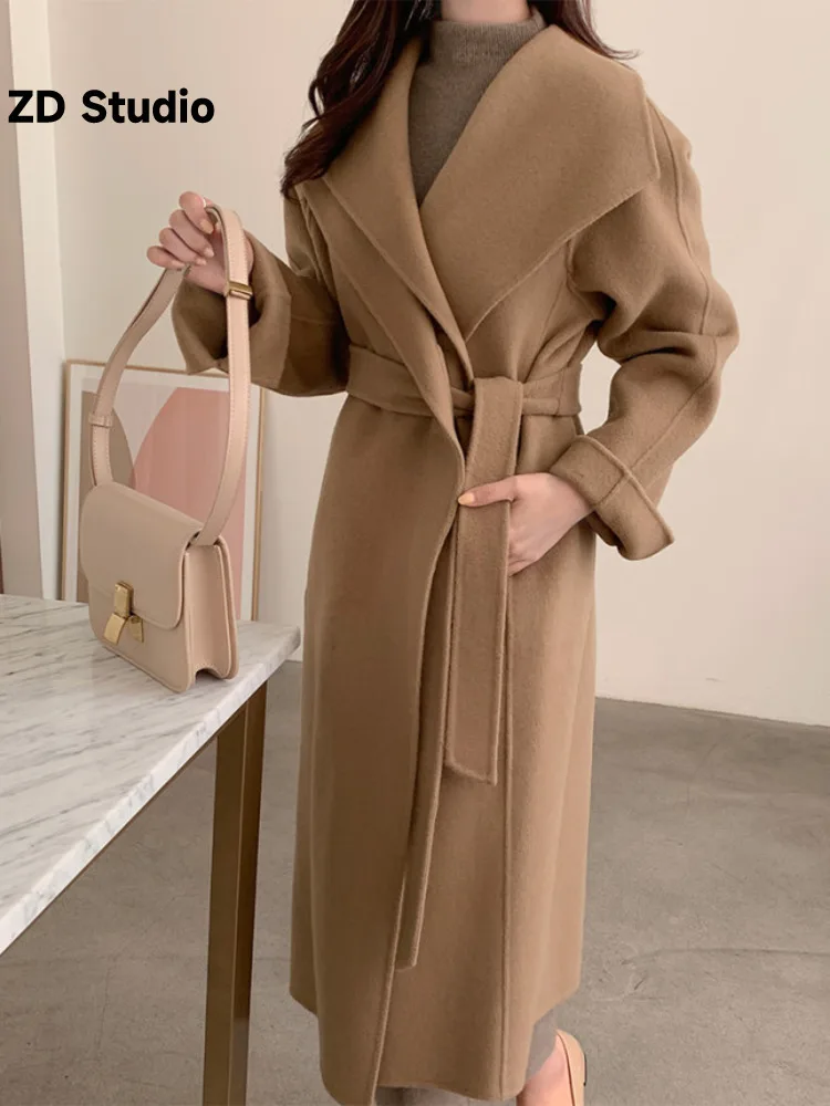 

[ZD Studio] 2023 Autumn And Winter New Korean Design Sense Of Mid-length Strap Waist Woolen Coat Women's Tweed Coat