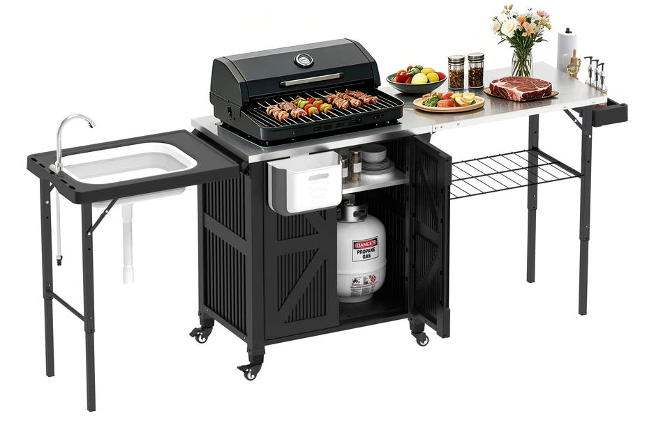 89 Inch Outdoor Grill Cart with Dual Stainless Steel Tops