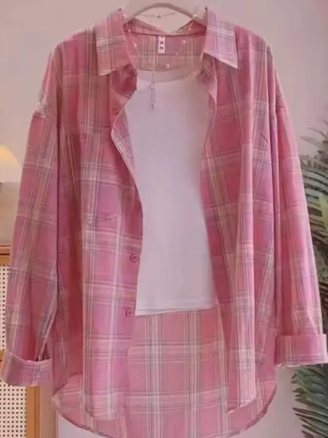 Summer 2025 New Sle Women's Loose Long Sve Plaid irt Thin Sun Protection Outerwear Casual Busin Polyester Fiber