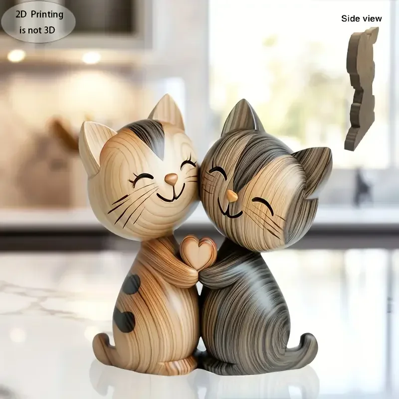 Wooden Kitten Couple Sculpture Charming 2D Flat Cat Enthusiast Gift Light and Dark Wood Grain Desktop Entrance Home Decoration 3