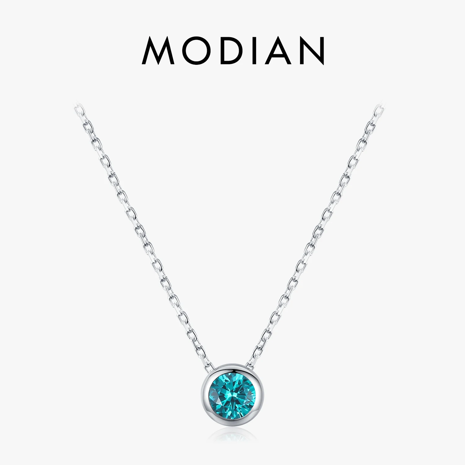 Silver Pendant Necklace MODIAN 925 Sterling Silver Teal Round Zirconia Pendant Necklace White Gold Plated Neck Link Chain For Women Party Jewelry Gift