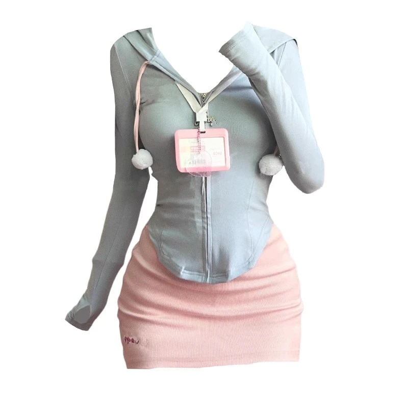 

Kpop Sweet Drawstring Zipper Chic Fashion Long Sleeve Women Cardigan + Slim All Match Skirts Autumn New 2 Set Ropa Mujer