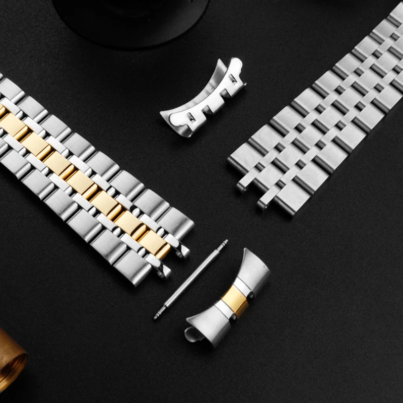 Curved End Metal Watchband with Folding Buckle - Solid Stainless Steel Strap Bracelet