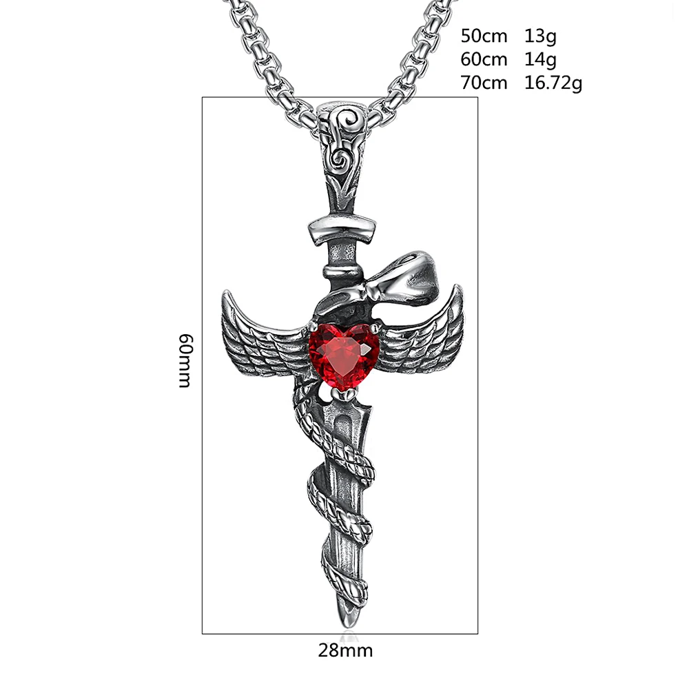 Collana con drago per uomo, con ciondolo a spada, collana con drago alato, 50 cm + 5 cm, collana con ciondolo a forma di aletta, ciondolo a forma di amuleto, collana con