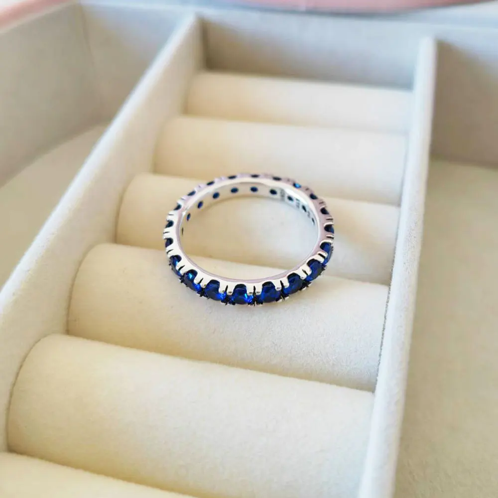 925 Sterling Silver Sparkling Row Eternity Ring with Blue Cz Fashion Pandora Style Jewelry Ring For Women