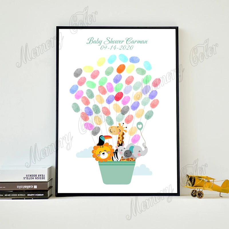 Personalized Them Name Date Cartoon Animal Baby Shower,Baptism and Kids Birthday Party Decoration Fingerprint DIY Painting
