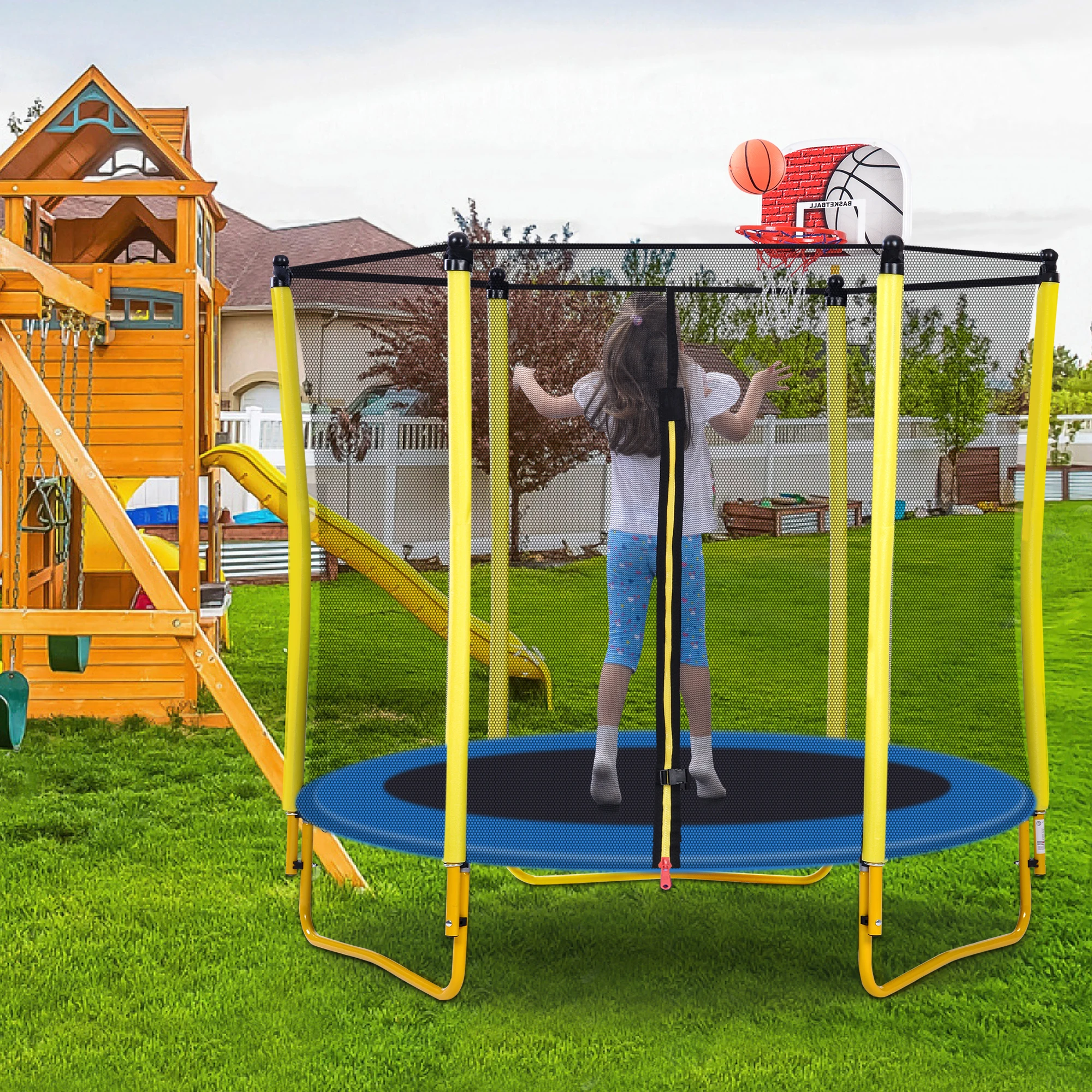 

5.5FT Trampoline for Kids - 65" Outdoor & Indoor Mini Toddler Trampoline with Enclosure, Basketball Hoop and Ball Included