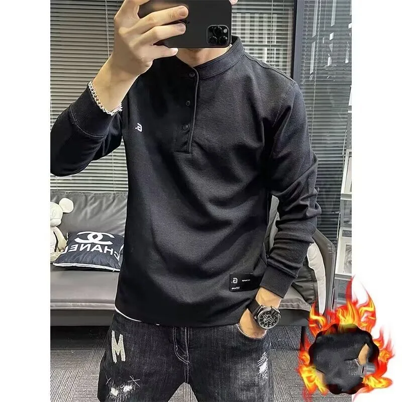 Men's 2023 Spring and Autumn New Korean Edition Solid Color Long Sleeve Stand Collar Printed Embroided Pullover Hoodie Slim Tops