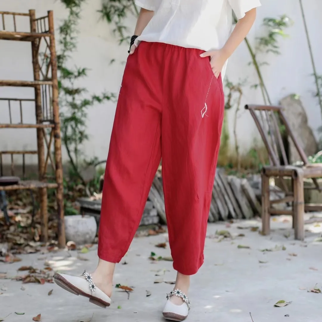 Women Linen Pants Ladies Elastic Waist Flax Pants Female Solid Color Embroidered Linen Trousers Summer Calf Length Pants FT91 denim capris