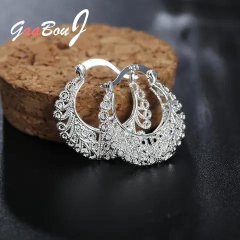 Stamp Silver Color Hollow Flower Circle Small Hoop Earrings For Women Sleeper Earrings Trend Wedding Jewelry Gift GaaBou