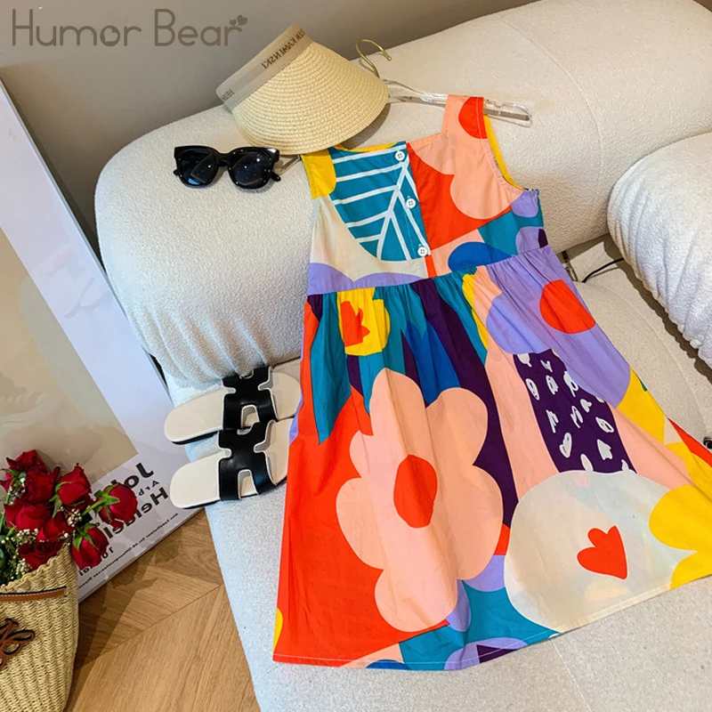 

Humor Bear Summer Sundress Girls Dress Casual Color Contrast Clothing Jumper Striping Holiday Wear Children's Clothing