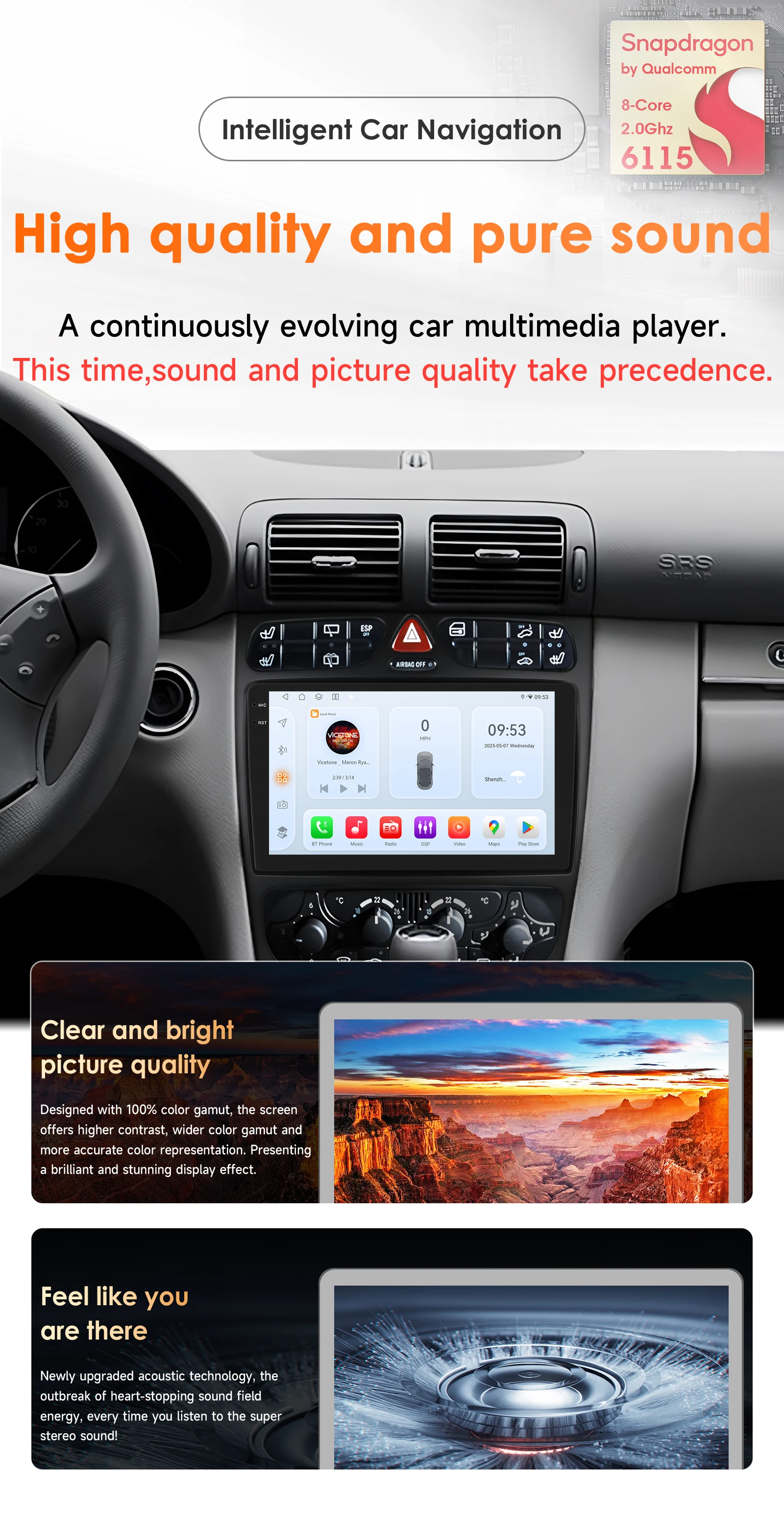 Hizpo Android14 Autoradio für Mercedes-Benz A W168 C W203 G W463 Vito Vaneo C209 W209 CarPlay GPS DSP 4G BT5.4 von Snapdragon6115 – Detail 2