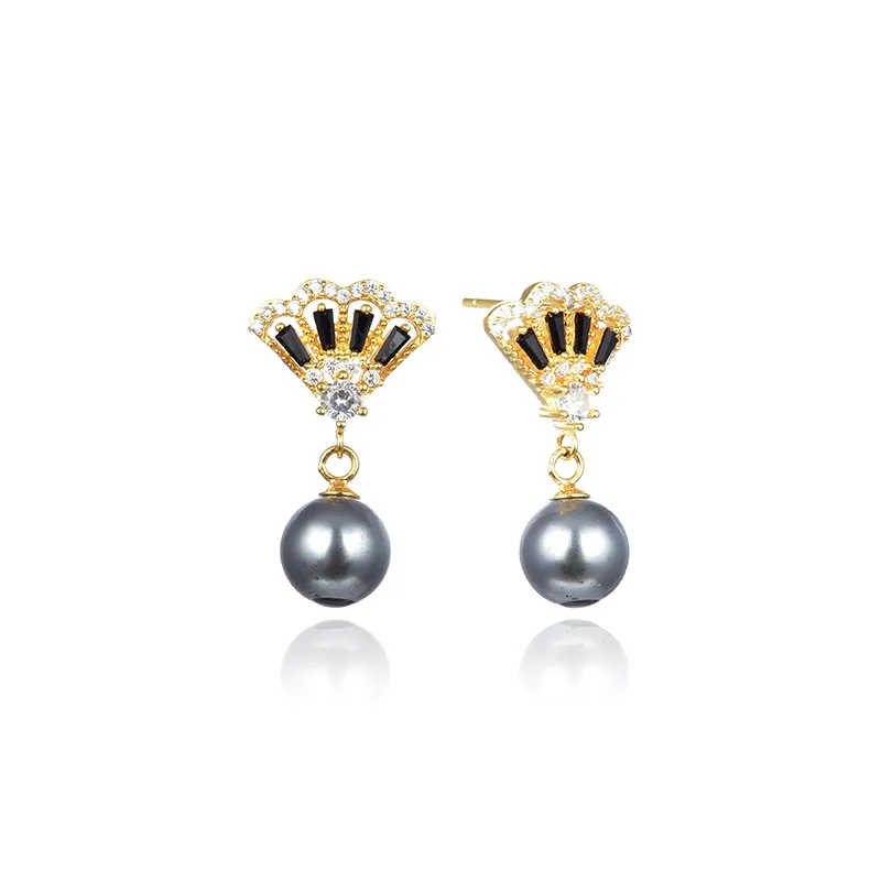 

Authentic 925 Sterling Silver Pearl Earring Gold Color Fashion Fan Stud Earring For Women Girl Wedding Party Jewelry Gift
