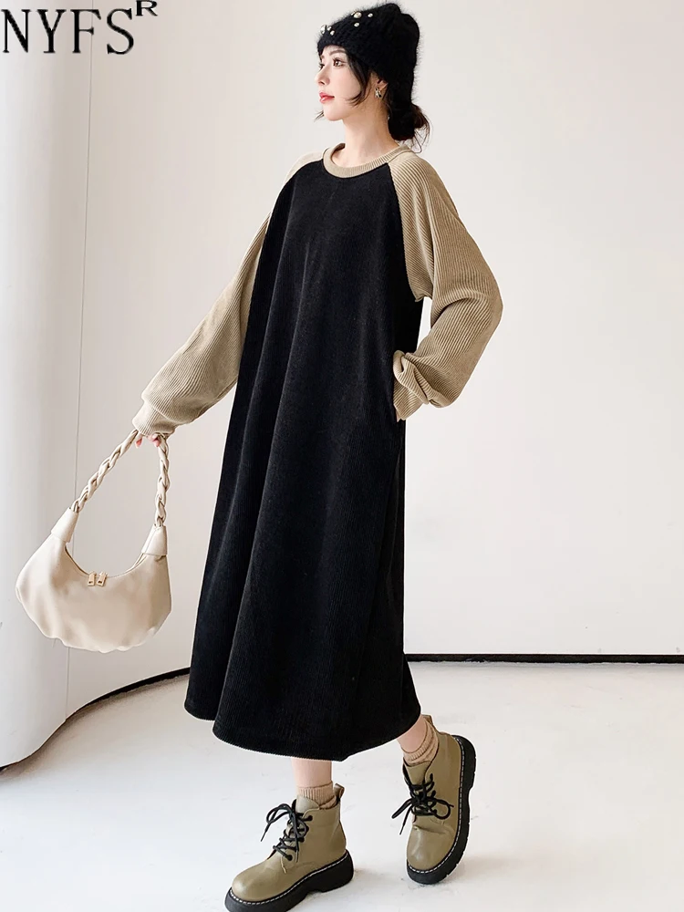 

NYFS 2023 Autumn Winter New Korean Women's Dresses Vestidos Robe Elbise Loose Plus Size Corduroy Long Sleeve Long Dress