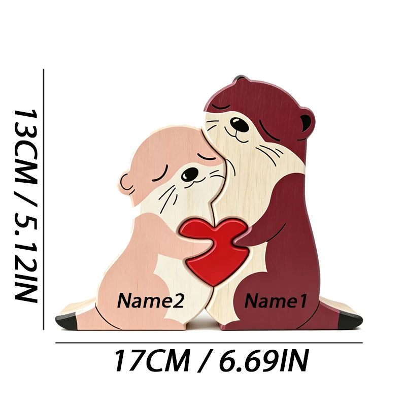 Charming Otter Family Wooden Puzzle Ornament with Red Heart - Perfect for Home or Office Décor and Thoughtful Gift