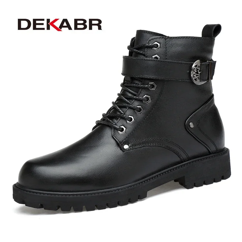 Mens Leather Boots DEKABR Men Genuine Leather Lace-up Ankle Boots Winter Motorcycle Boots Men Safety Work Shoes Punk Style mens leather boots motorcycle leather boots