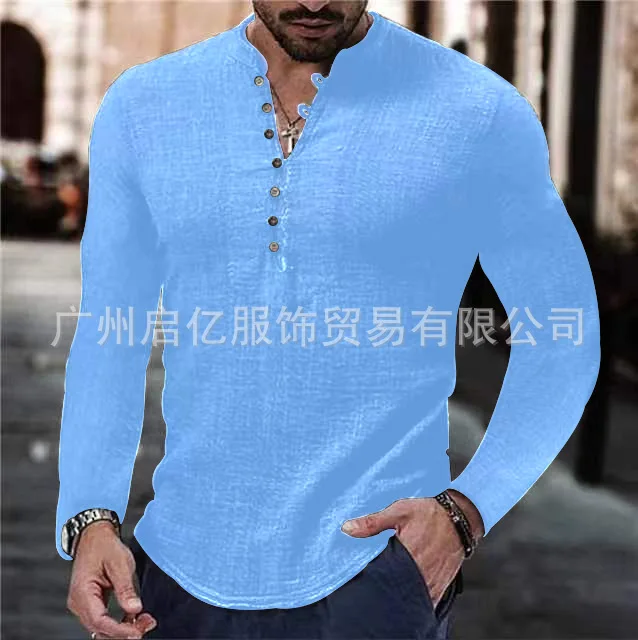 قميص رجالي كتان كاجوال بسيط برقبة على شكل حرف V صي...