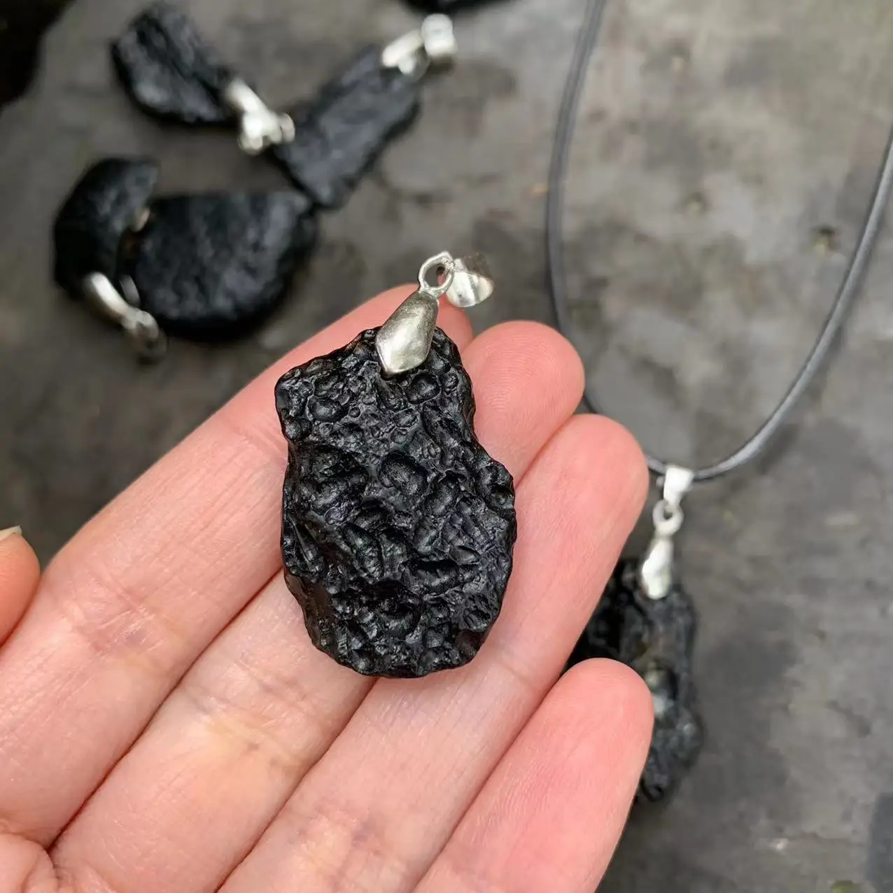 Natural Black Meteorite Irregualr Rough Necklace Men Women Punk Style Tektite Cosmic Power Energy Lucky Health Rope Jewelry