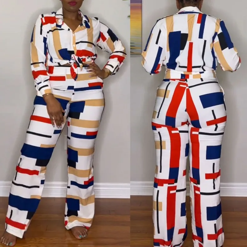 

Африканская одежда для женщин, осень, элегантный Дашики, Африка, с длинным рукавом, V-образным вырезом, принт, 2 предмета, топ и брюки, подходящие комплекты, африканская одежда