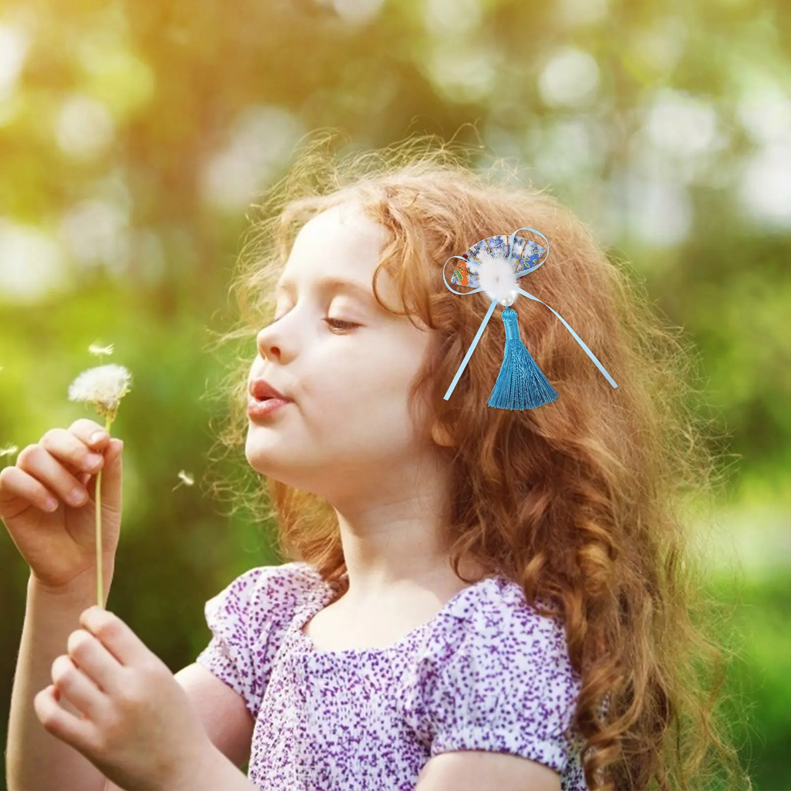 1쌍 팬 모양 태슬 헤어핀 새해 천 헤어핀 어린이 머리 장식 축제 파티 새해 머리 장식 헤어밴드 장식