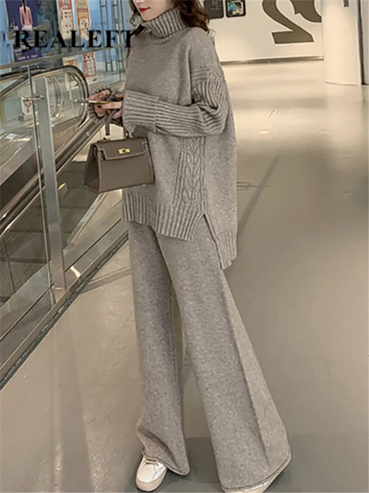 Autumn Winter 2 Pieces Women Sets Knitted Tracksuit 2023 New Turtleneck Sweater and Wide Leg Jogging Pant Pullover Suits 2