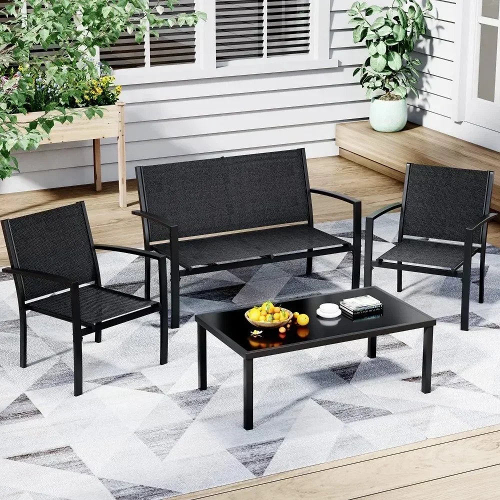 New2025-4 Pieces Patio Furniture Set, Outdoor Conversation Sets for Patio, Lawn, Garden, Poolside with A Glass Coffee Table, Bla