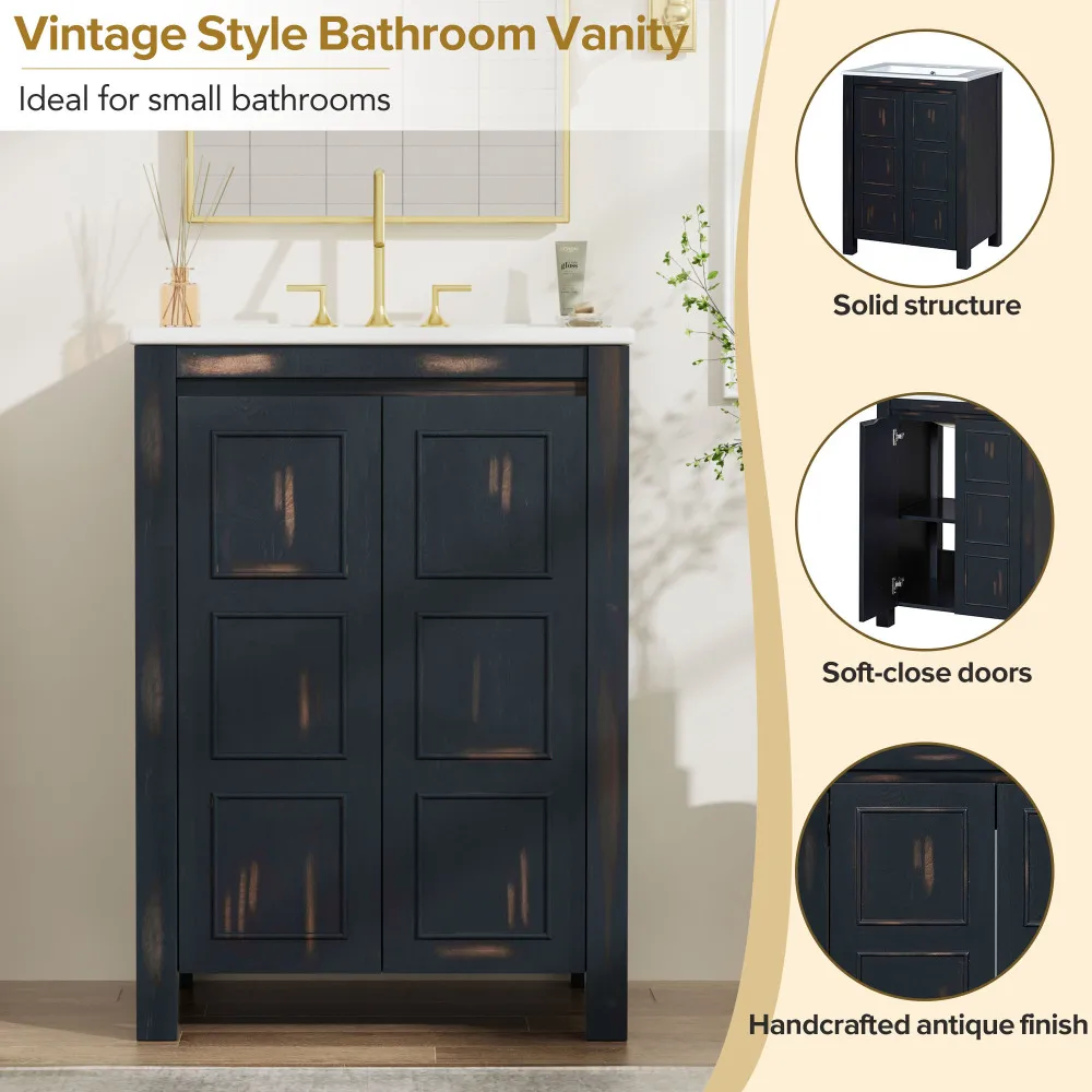 48" Vintage Style Small Bathroom Vanity Combo With Double Vanities (separate), Double Ceramic Sinks, Storage Shelf Amd Soft Clos 6