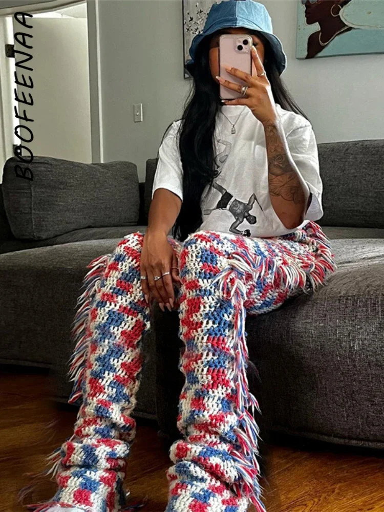 

BOOFEENAA Y2k Fashion Knitted Pants with Tassels on The Side High Waist Trousers Womens Bottoms 2023 Winter Streetwear C87-FZ42