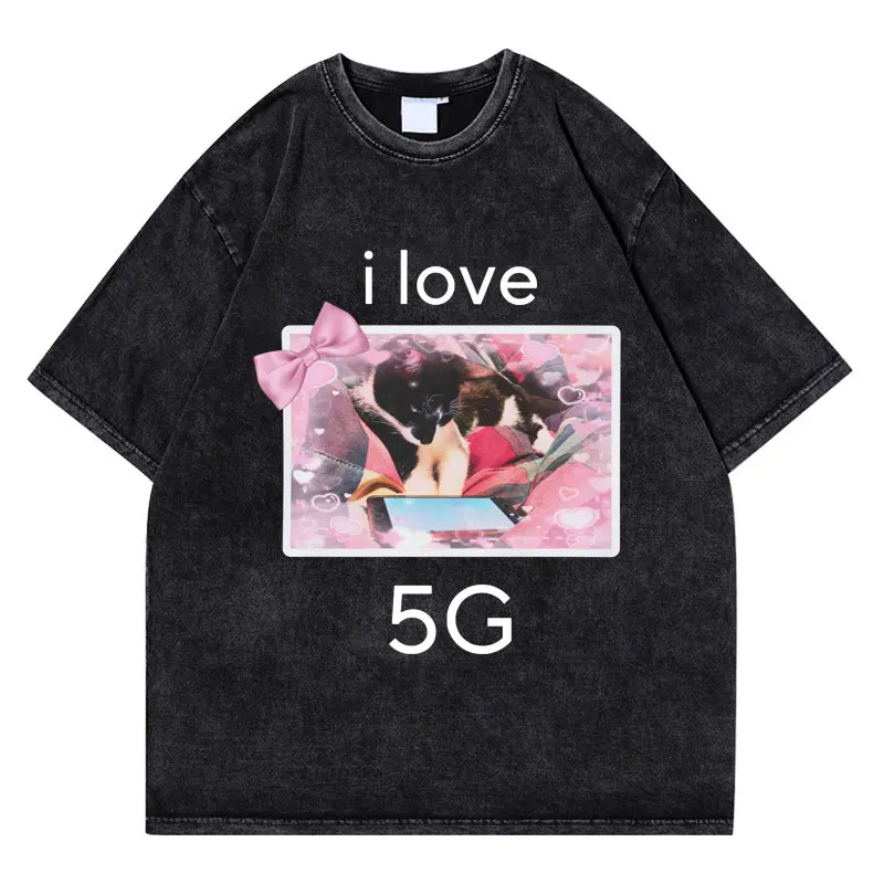 

Funny I Love 5G Cat with Phone Meme Graphic T Shirt Men Women's Fashion Casual Cotton Vintage Wash T-shirts Oversized Streetwear