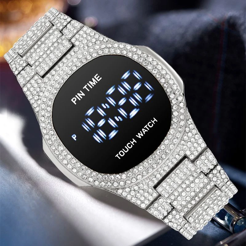 PINTIME Men Watch Digite Wristwatch LED Display Dial Waterproof Stainless Steel Strap Luxury Diamond Montre Homme Relogio  Gold