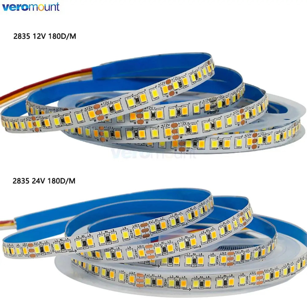 Dual Color SMD 2835 CCT Dimmable LED Strip Light, 5V, 12V, 24V, DC, WW, CW, ajustável, temperatura, flexível, fita, fita, 5m