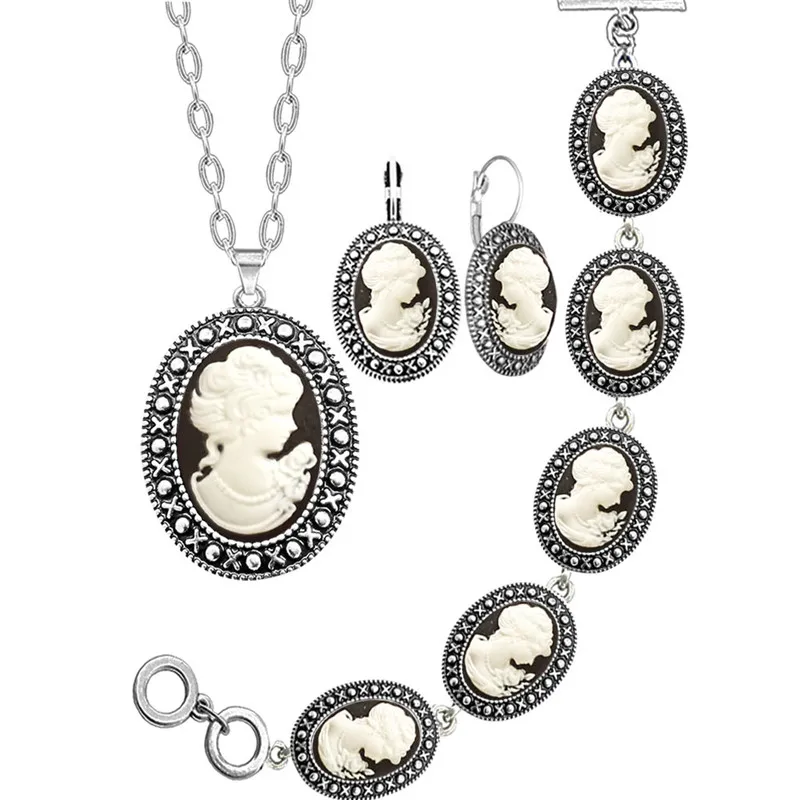 Oval Lady Queen Cameo Jewelry Set Antique Silver Plated Necklace Earrings Bracelet Fashion Jewelry Ts419
