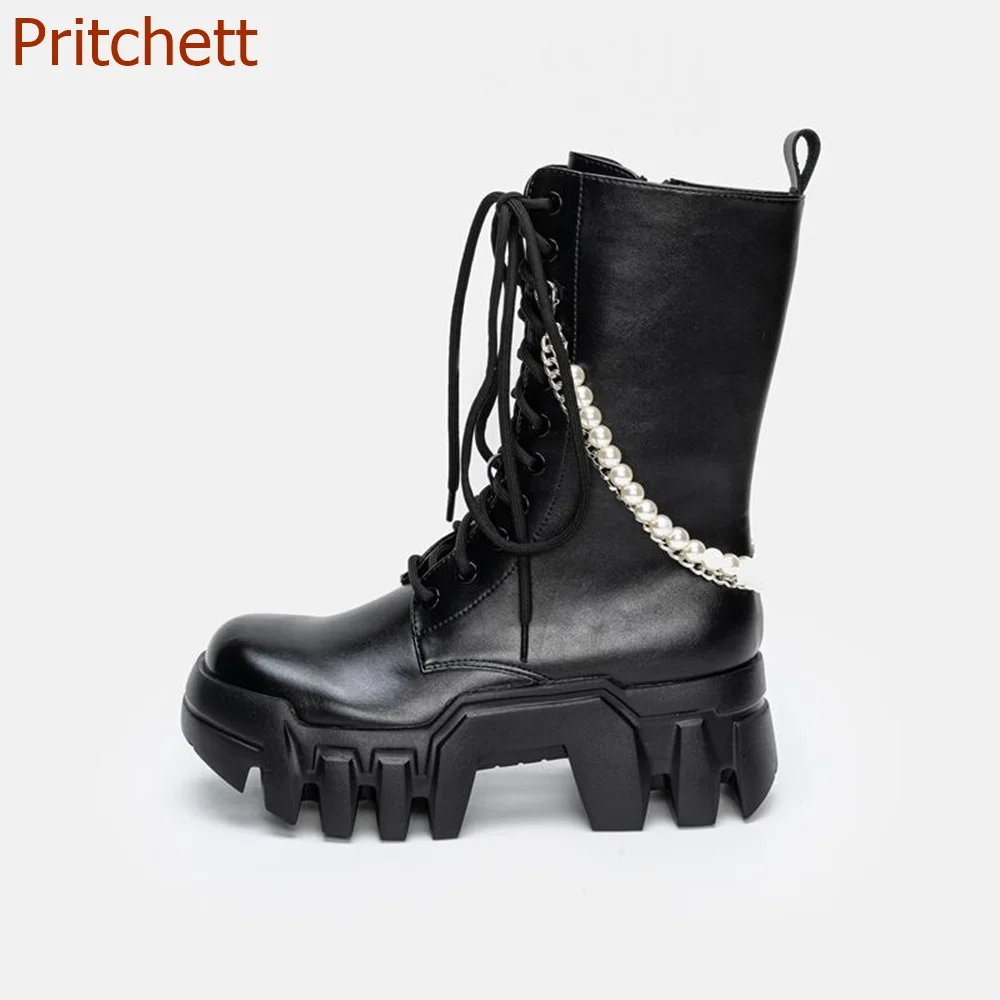 Round Toe Metal Chain Women Boots Mid Calf Cross Tied Fashion Mid Calf Casual Comfortbale Office Women Shoes 2023 New Arrivals