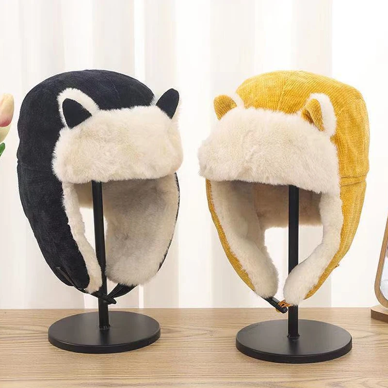 Winter Hat Fur Hat Knitted Earflap Hat Women Warm Earmuffs Thicken Wool Ear-flapped Hat Winter Cold-proof Warm Cotton Hat Cat Ears Cap Winter Unisex Russian Bonnet