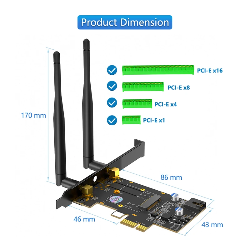 새로운 PCIe X1-M.2 WiFi 블루투스 어댑터(방열판 포함) 블루투스 케이블 지원 A+E 키 M.2 듀얼 밴드 2.4GHz/5GHz 네트워크 모듈