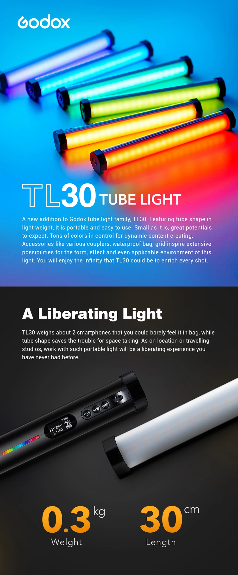 TL30 RGB LED Tube Light Color Photography Light Handheld Light Stick with APP Re
