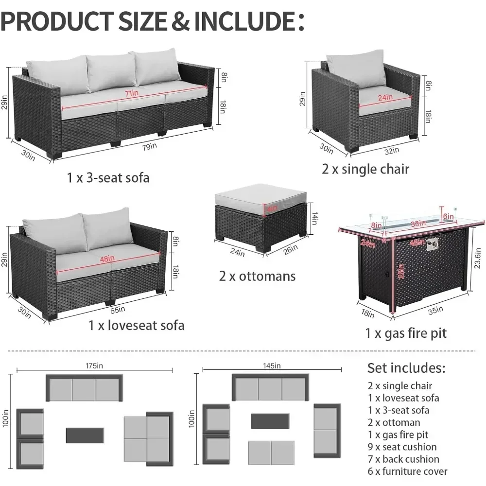 7 Piece Outdoor Furniture Set, Set Non-Slip Cushions & Waterproof Cover, 45 Inch Outdoor Propane Fire Pit Table Patio Sets 5