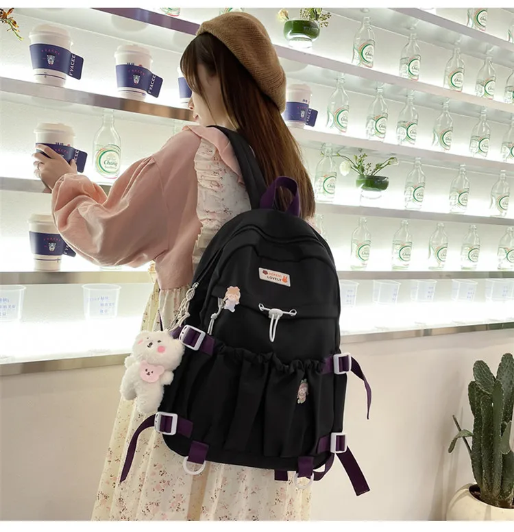 Spring Ladies Cute Backpack Large Elastic Pocket Student Schoolbag Female Fashion Kawaii Bagkpack Teenage Girls Laptop Backpacks