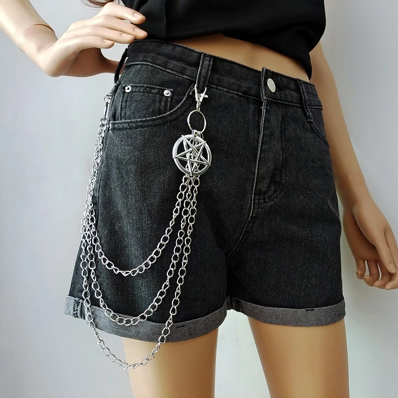 Metal Layered Chain Round Pentagram Keychains For Women Men Waist Trouser Jeans Punk Gothic Hip-hop Pants Belt Jewelry key chain