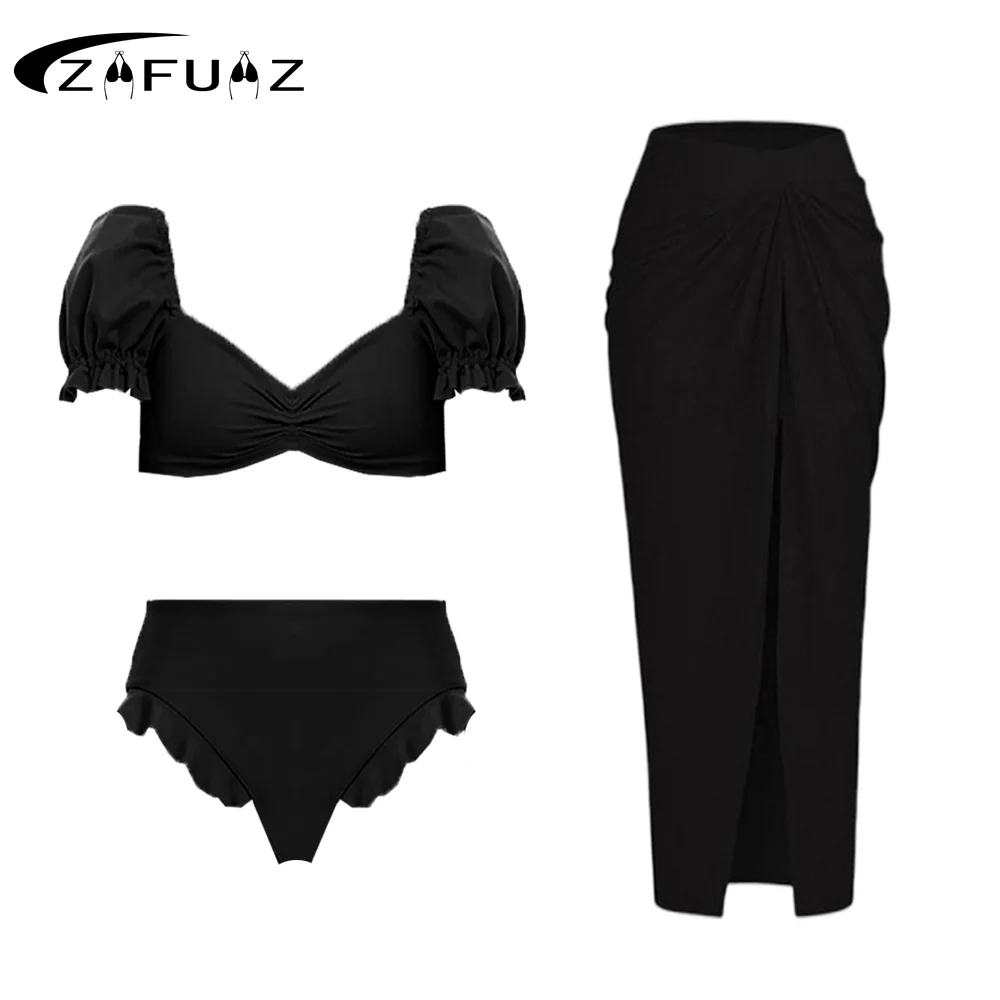 

ZAFUAZ New 3 Piece Swimsuit 2023 Sexy Puff Sleeve Ruffle Bikini Set Skirt Bikinis Swimwear High Waist Bathing Suit Beach Dress