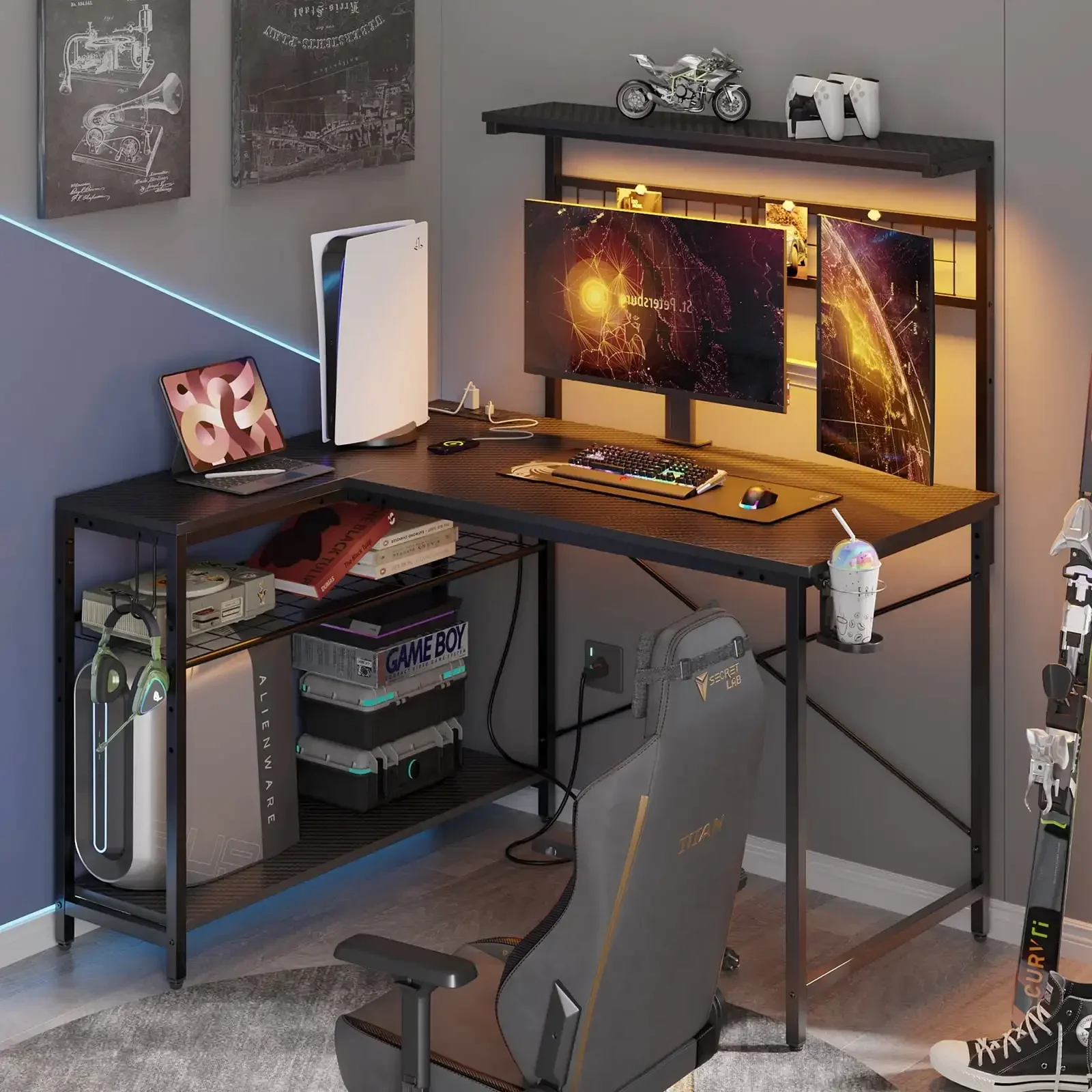 Adult Collection L Shape Power Outlets and LED Black Gaming Desk, Black 4