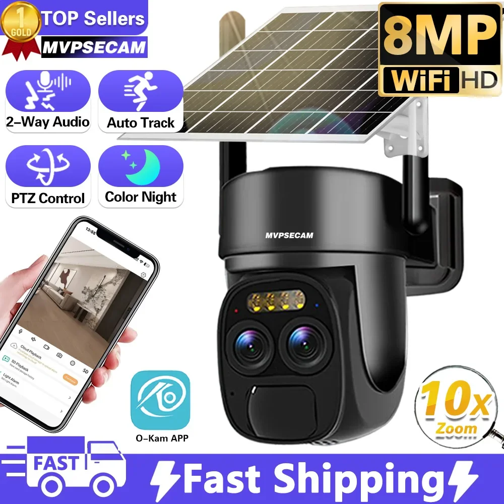 4K 8Mp Dual Lens Wifi Solar Pane Camera Outdoor 10X Zoom Ottico Audio Color Night Vision Bulit-In Battery Security Camera O-Kam