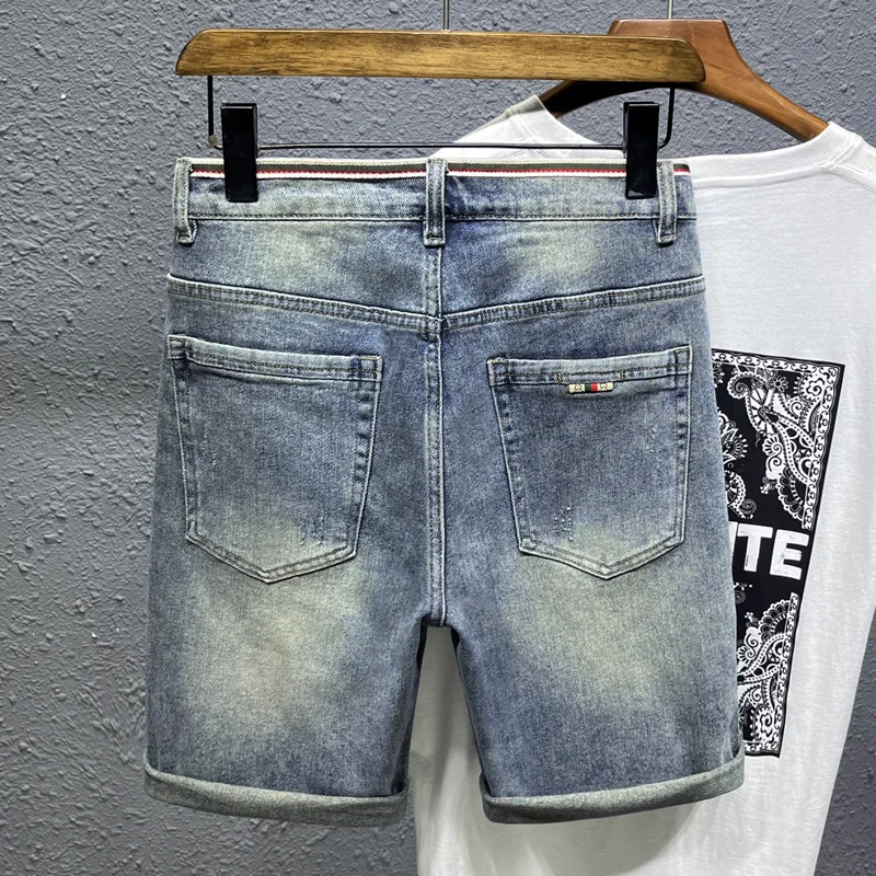 2024 Summer new high-end light luxury hole breaking midi pants stretch casual denim shorts men's pants rolled blue jeans